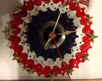 Patriotic clock made from recycled bike parts