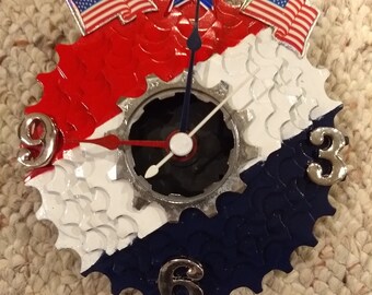 Patriotic clock made from recycled bike parts
