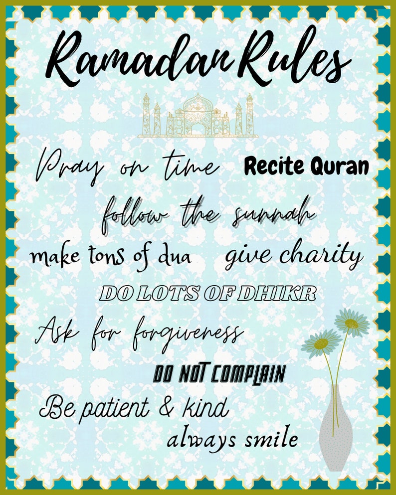 DIGITAL DOWNLOAD Ramadan Decorations, Islamic Art Printable, Ramadan Rules, Opening/Closing Fast Dua with Translation, Suhoor Iftar Time image 3