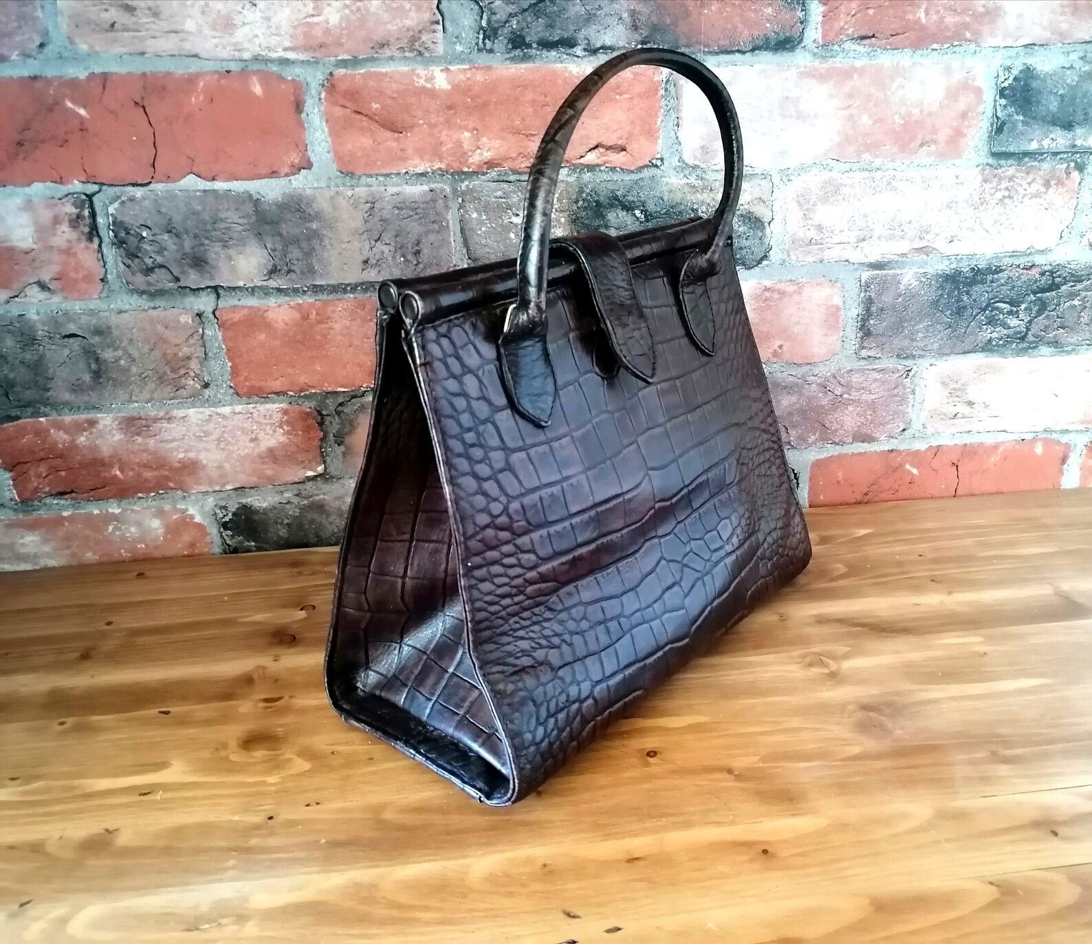 Vintage Brown Mock Croc handbag Top Handle Detachable Strap | Etsy