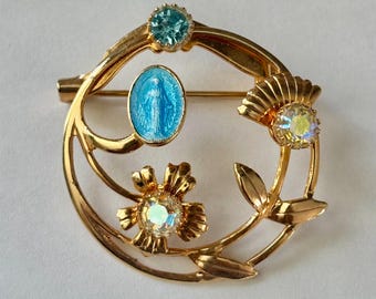 Vintage Blessed Mother Blue Enamel Gold Brooch