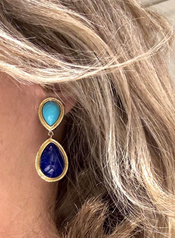 Ben-Amun Turquoise Lapis Pear Shape Gold Drop Ear… - image 7