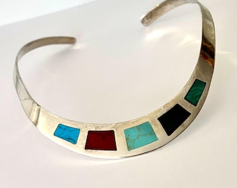 Inlaid Multi Gemstone Colorful Sterling Choker Necklace Zuni