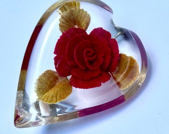 Vtg Reverse Carved Red Rose Heart Lucite Brooch Pin