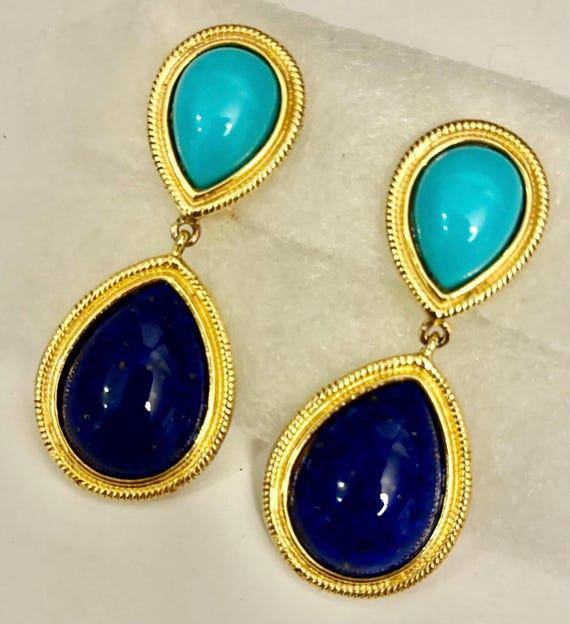 Ben-Amun Turquoise Lapis Pear Shape Gold Drop Ear… - image 1