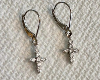 14K White Gold Cubic Zirconia Cross Drop Earrings