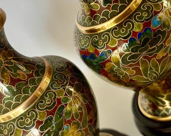 Vintage Pair Cloisonné Vases with Original Bases