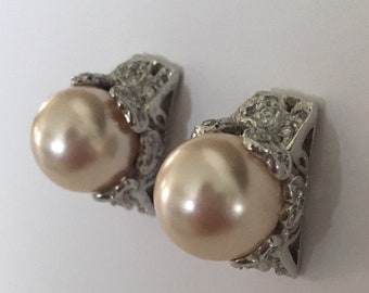 Vintage Faux South Sea Rosé Pearl Encrusted CZ Stud Earrings