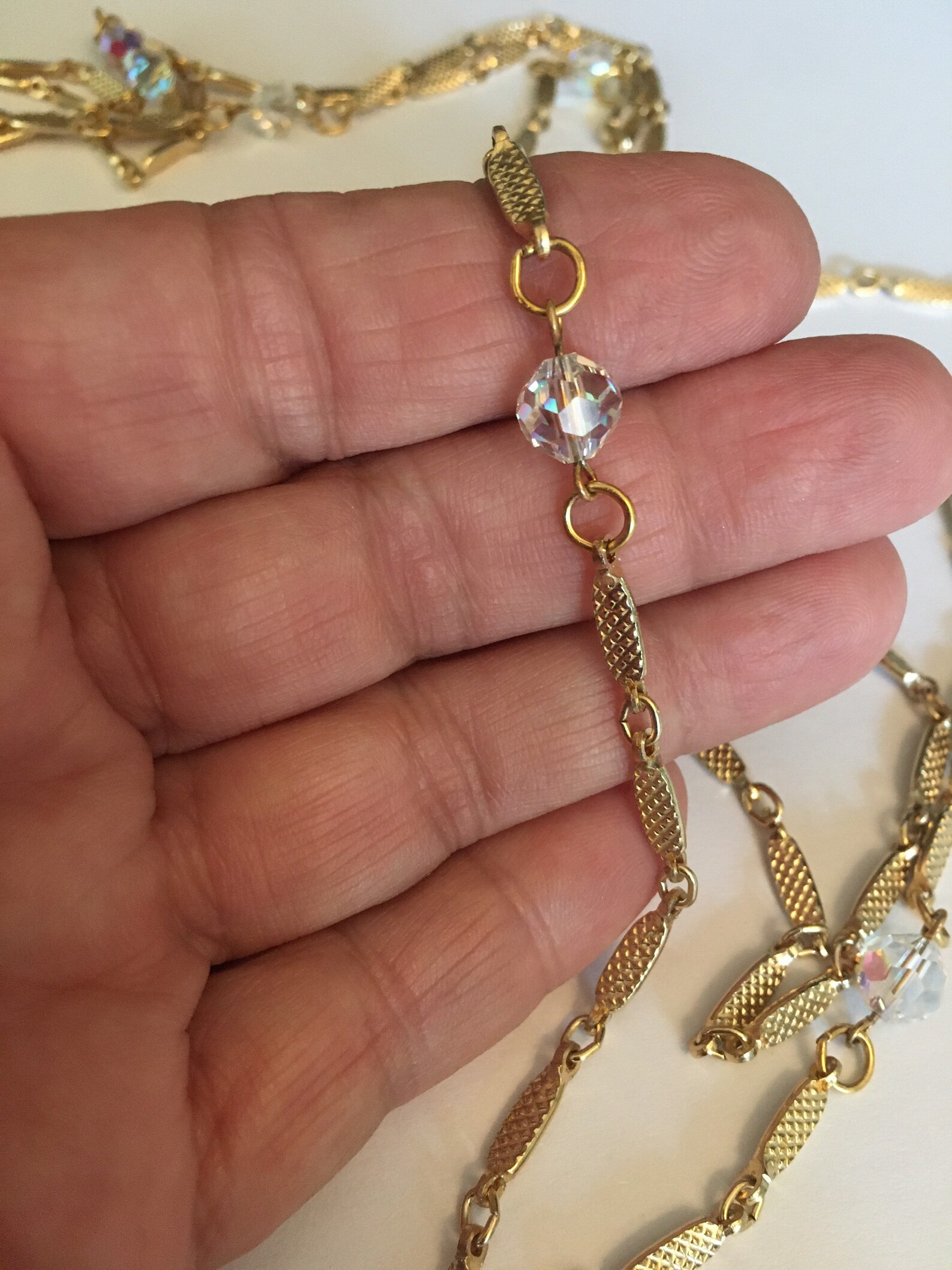 Long Gold Crystal Station Necklace Etsy