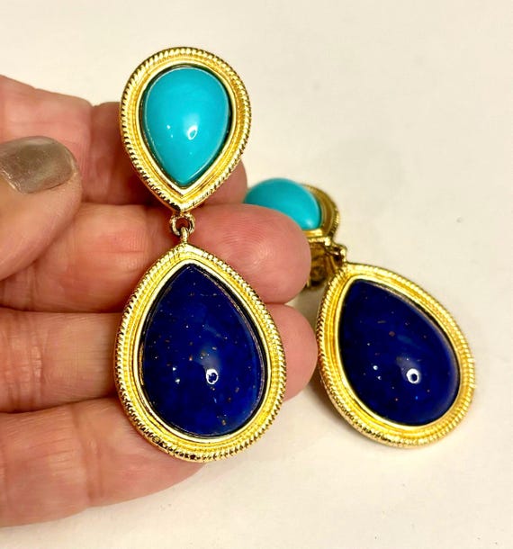 Ben-Amun Turquoise Lapis Pear Shape Gold Drop Ear… - image 5