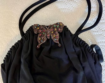 Vtg Celluloid Rhinstone Butterfly 40s Black Faille Handbag Purse
