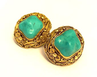 Cannetille Vintage Filigree Turquoise Ear Clips Earrings