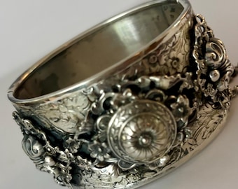 Wide Victorian Silver Ornate Bangle Bracelet