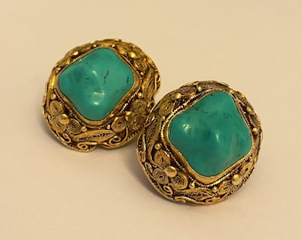 Cannetille Vintage Filigree Turquoise Ear Clips