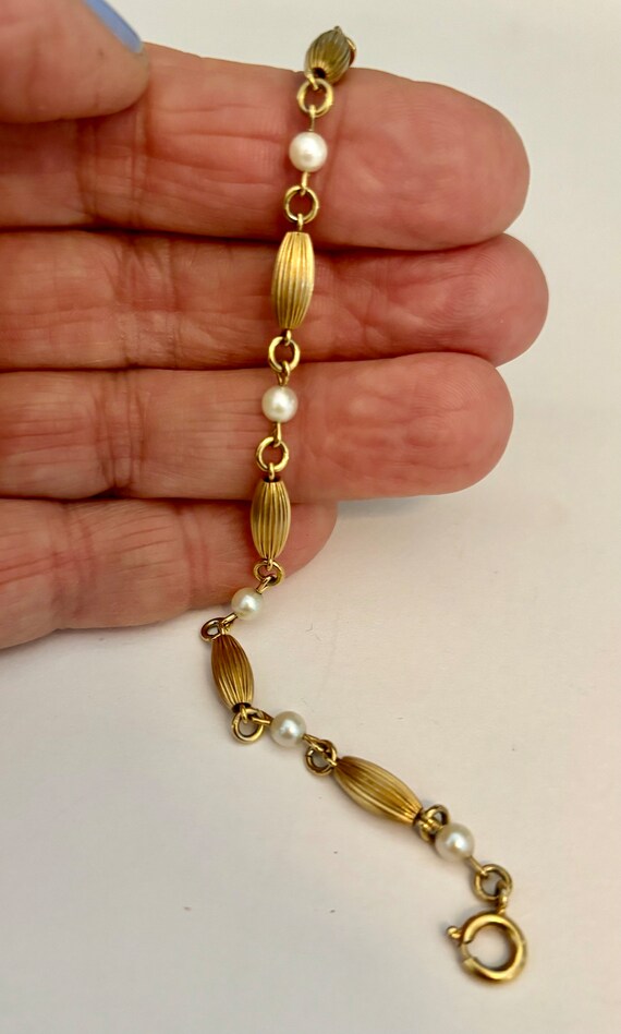 Corragated Gold Bead and Cultured Pearl Bracelet - image 2