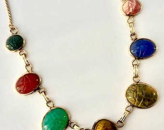 Vintage Scarab Necklace Bib Gold Filled Multi Stone