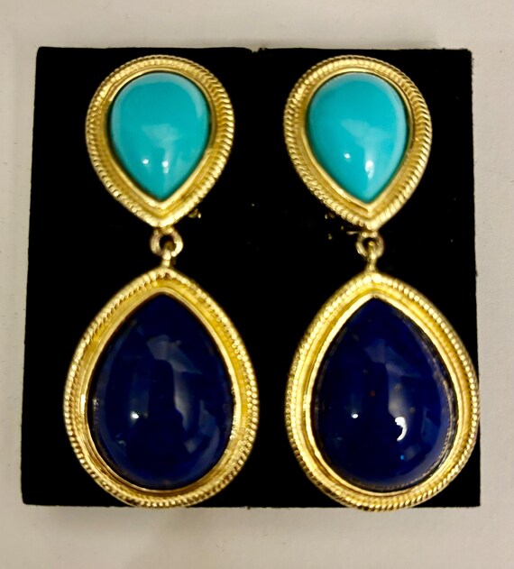 Ben-Amun Turquoise Lapis Pear Shape Gold Drop Ear… - image 2