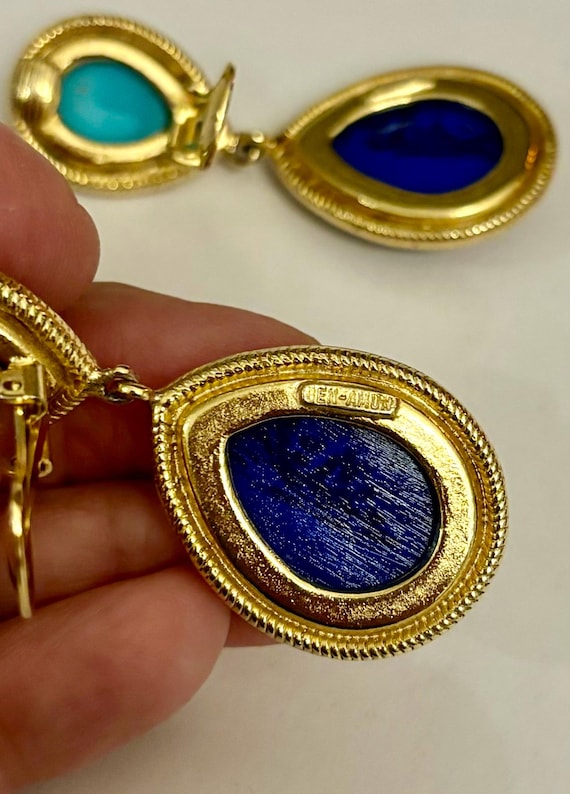 Ben-Amun Turquoise Lapis Pear Shape Gold Drop Ear… - image 4