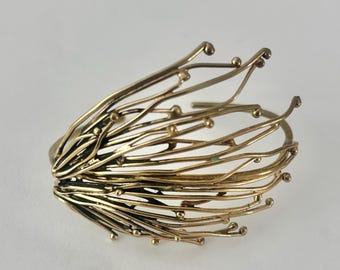 Vtg Brutalist Nature Branches Cuff Wire Handmade Gold Brass Bracelet