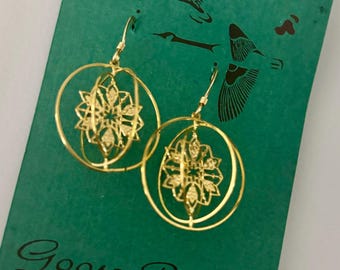 Gold Tone Intricate 3D Hanging Earrings