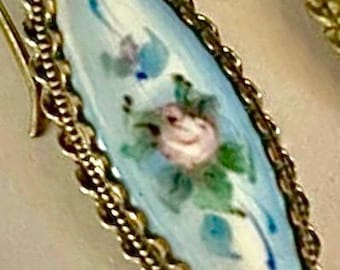 Vintage Enamel Hand Painted Rose Garland Pink Blue Hanging Earrings