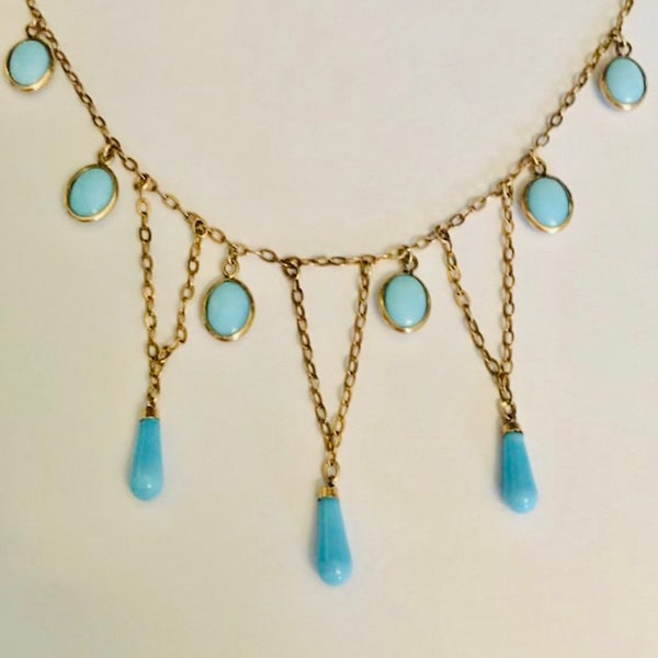 Magnificent Hubbell Turquoise En Esclavage Festoon Gold Necklace