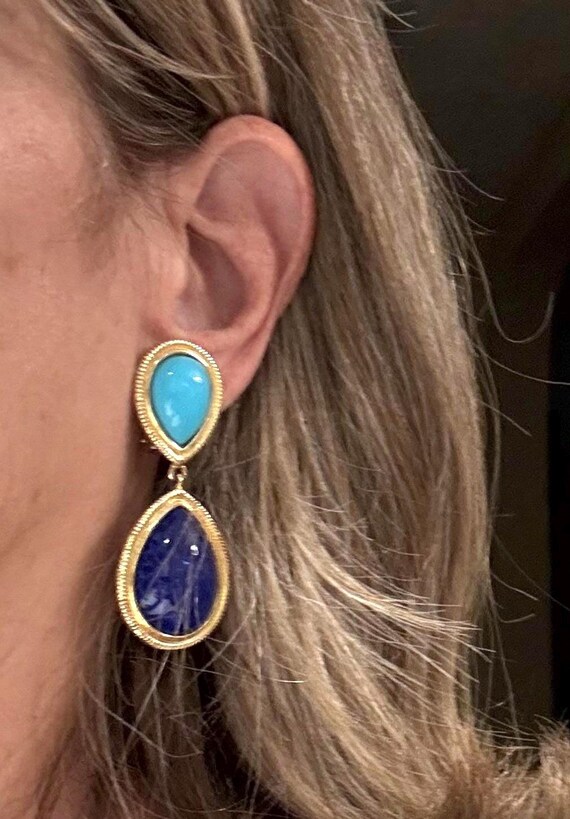 Ben-Amun Turquoise Lapis Pear Shape Gold Drop Ear… - image 3