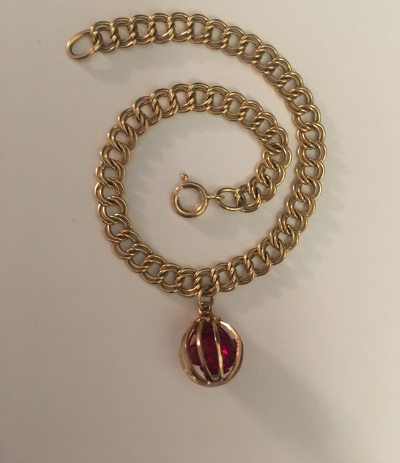 Vintage Charm Bracelet With Red Crystal Cage