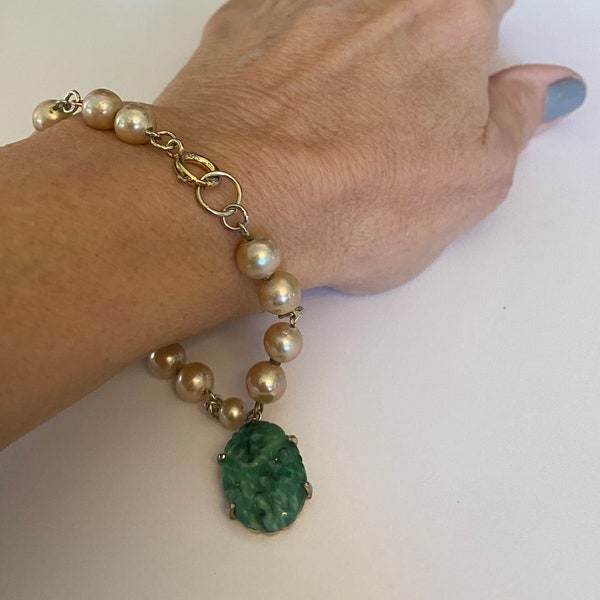 Marvella Golden Lustre Pearl Bracelet with Jade Charm