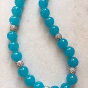 Ocean Blue Jade Necklace with Faux Diamond Rondelles