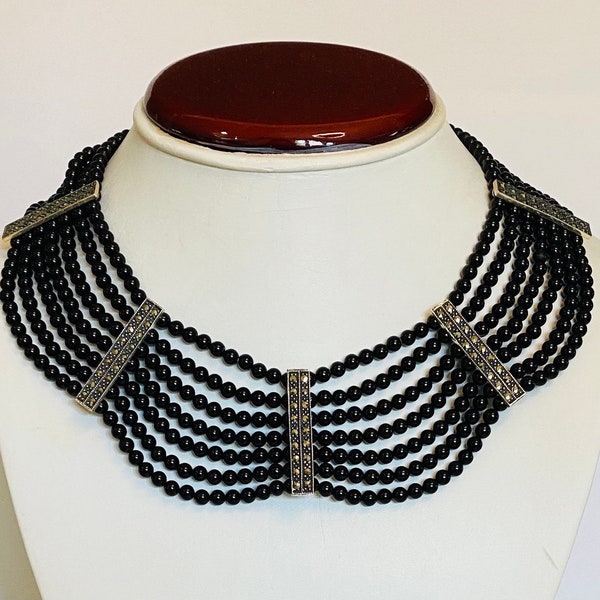 Onyx Multi Strand Marcasite Bavette Bib Necklace