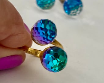 Vintage Rainbow Crystal Bypass Ring and Earrings