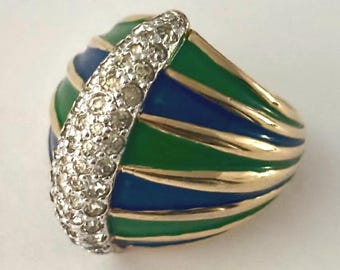 Vintage Blue and Green Enamel Large Dome Ring