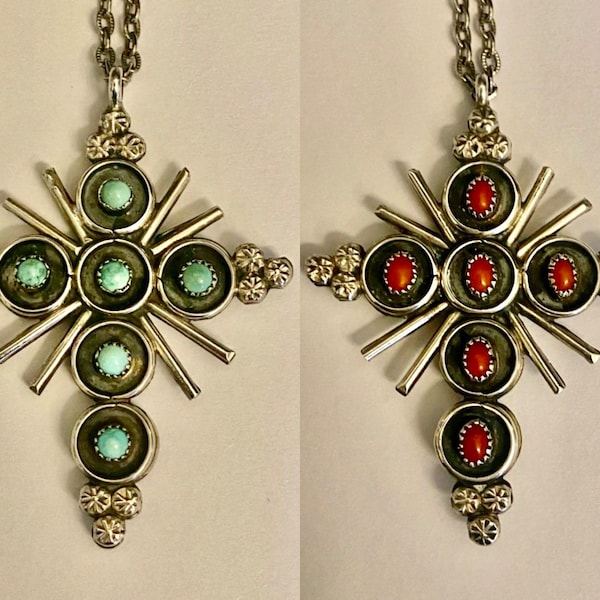 Gorgeous Zuni Reversible Turquoise Coral Cross