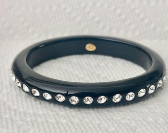 Vtg Kenneth Jay Lane KJL Black Lucite Rhinestone Bangle Bracelet Signed