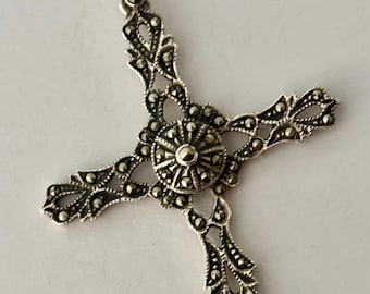 Large Vintage Marcasite Cross Pendant Necklace