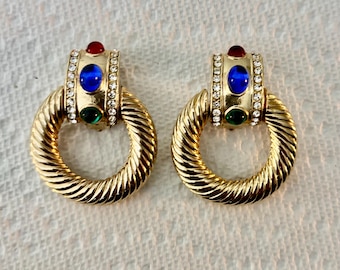 Vtg Gripoix Faux Ruby Sapphire Emerald Gold Door Knocker Earrings