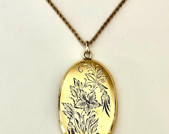 Large Vintage FM Co Hand Engraved Antique Locket Pendant Necklace