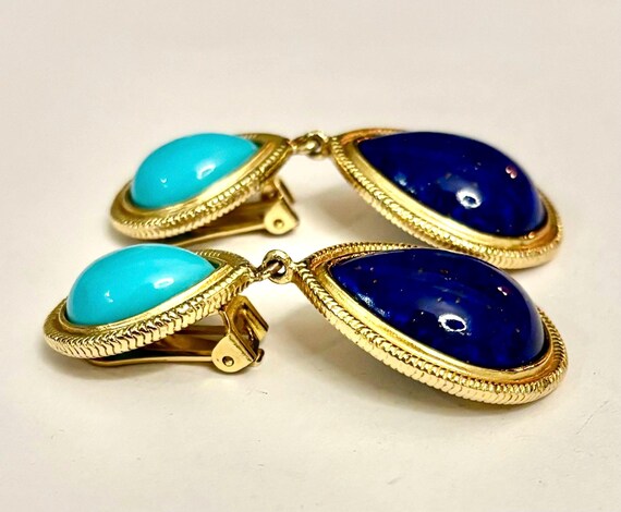 Ben-Amun Turquoise Lapis Pear Shape Gold Drop Ear… - image 6