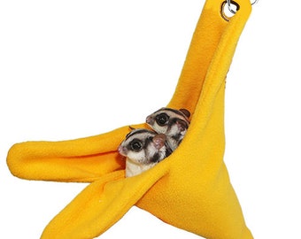 Banana Shaped Nest Pouch for Sugar Gliders - Cozy Polar Fleece with Durable Metal Clips - Unique Colors & Patterns