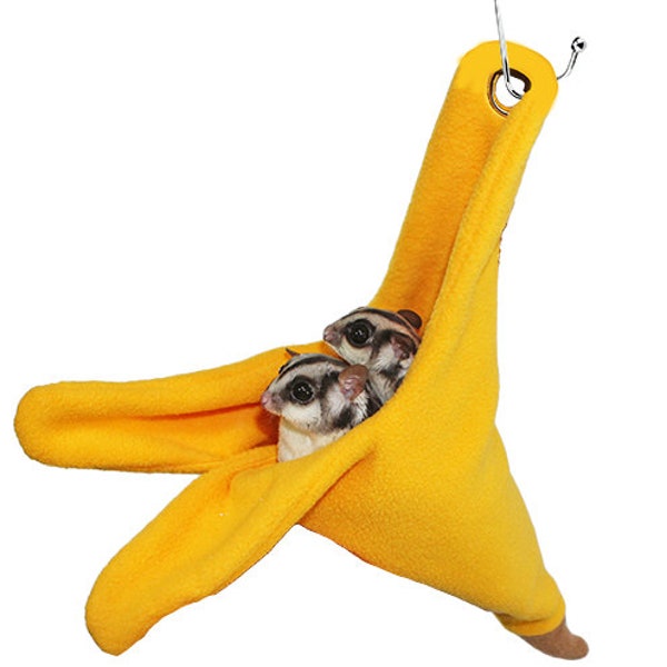 Banana Shaped Nest Pouch for Sugar Gliders - Cozy Polar Fleece with Durable Metal Clips - Unique Colors & Patterns