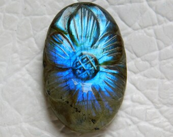 Labradorite Carving Gemstone, AAA++ Quality Blue Flashy Labradorite, Oval Shape Mughal Carved Loose Gemstone, Size 29*18*7 mm 35 Carat