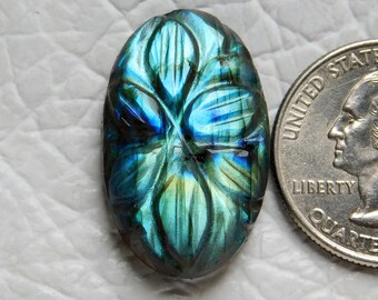 Labradorite Carved Gemstone, AAA Quality Natural Multi Flashy Labradorite, Oval Shape Mughal Carving, Size 28*17*7 mm 28 Carat, Jewelry Uses