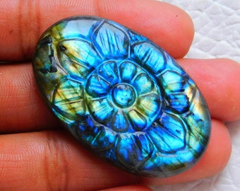 Labradorite Carved Gemstone, AAA++ Quality Mughal Carving Labradorite Gemstone, Multi Flashy Loose Oval Shape, Size 48*30*8 mm 102 Carat