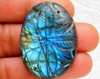 Labradorite Carved Gemstone, AAA+ Quality Mughal Carving Loose Gemstone, Natural Multi Blue Flashy Labradorite, Size 39*29*7mm Weight 68 Cts