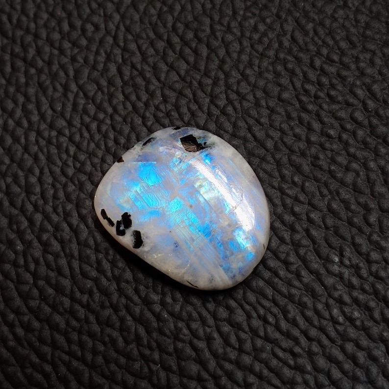 Fancy Shape Designer Gemstone Blue Flashy Moonstone Rainbow Moonstone With Black Tourmaline Cabochon Size 26*15*7mm 28Cts Loose Gemstone