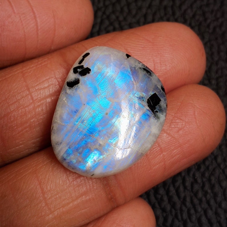 Fancy Shape Designer Gemstone Blue Flashy Moonstone Rainbow Moonstone With Black Tourmaline Cabochon Size 26*15*7mm 28Cts Loose Gemstone