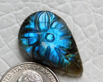 Labradorite Carved Gemstone, AAA++ Quality Natural Blue Flashy Loose Gemstone, Pear Shape Labradorite, Size 30*19*6 mm Weight 26 Carat