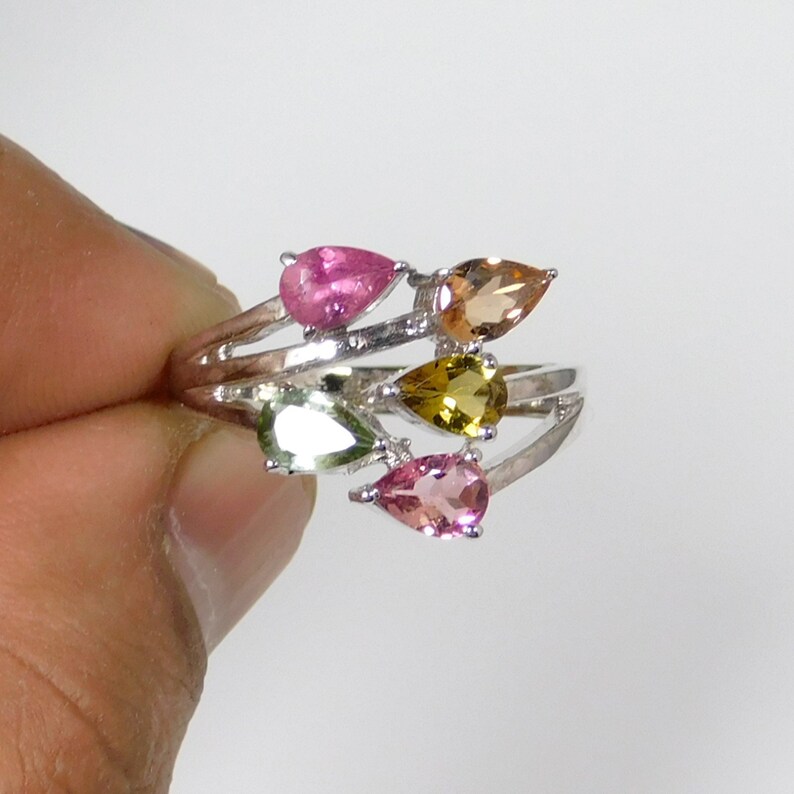 Anniversary Ring 925 Sterling Silver Ring Wedding Ring Tourmaline Ring Pear Tourmaline Cut Gemstone Ring Multi Color Tourmaline Ring