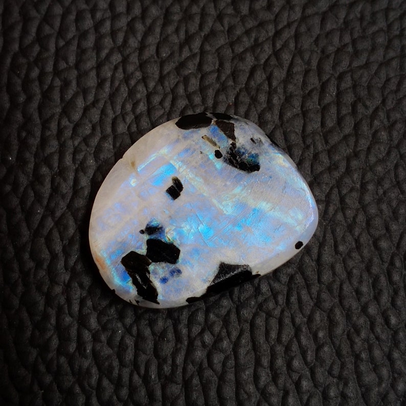 Fancy Shape Designer Gemstone Blue Flashy Moonstone Rainbow Moonstone With Black Tourmaline Cabochon Size 26*15*7mm 28Cts Loose Gemstone